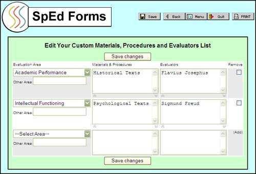 How do I manage my custom materials and procedures list?