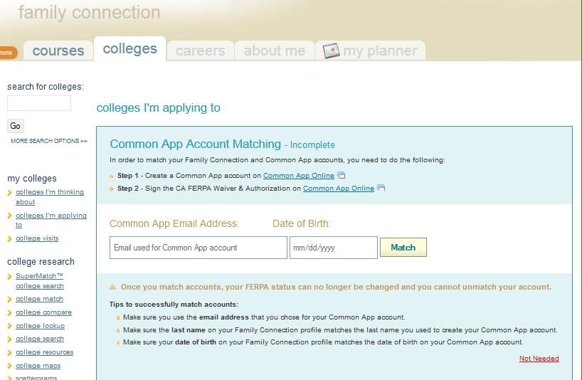 MATCH COMMON APP ACCOUNT TO NAVIANCE If student has not created a Common App account and