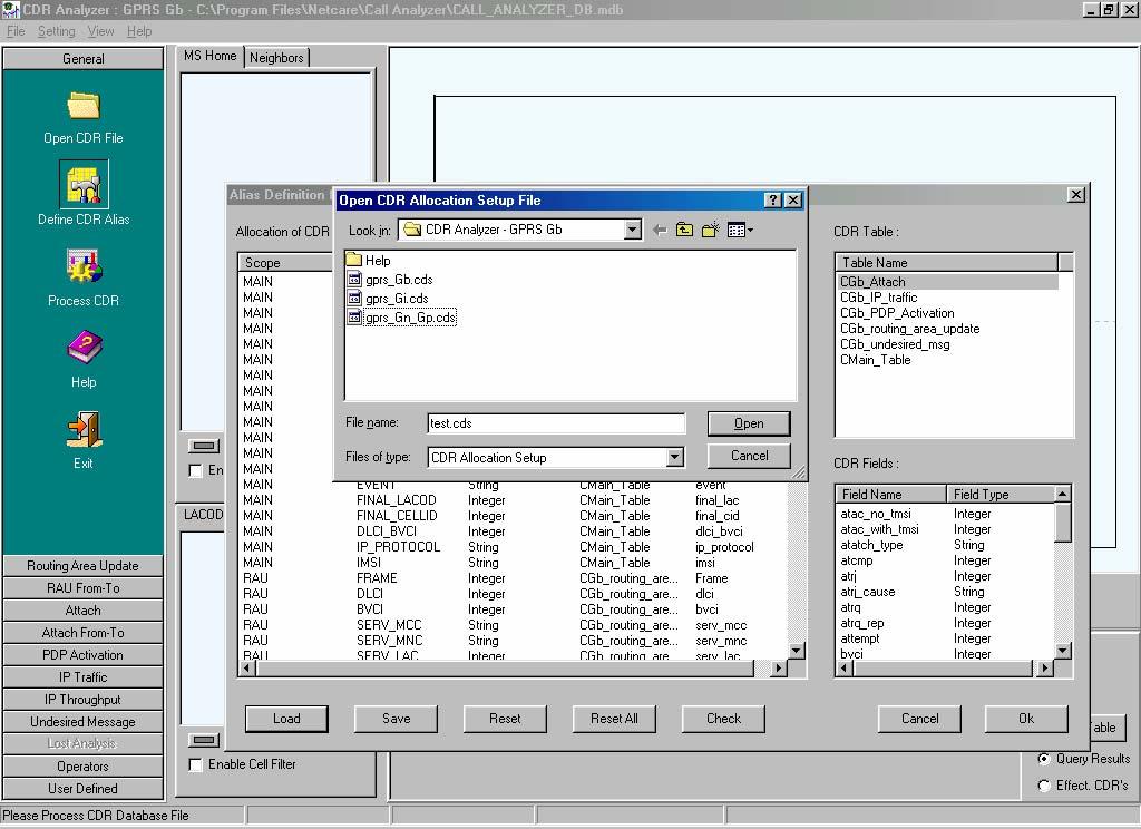 Processing the CDRs 1. Load the CDR file. Call Analyzer generates: c:\program files\netcare\call analyzer\call_analyzer_db.mdb 2.