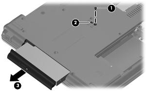 3. Insert a flat-bladed screwdriver or similar tool into the optical drive tab access (2) and press the tab to the left to release the optical