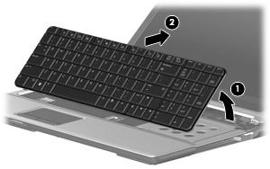 Lift the rear edge of the keyboard (1) until it rests at an angle, and slide it back
