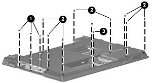 2. Remove the followng screws: (1) Three Phillips PM2.0 2.0 broad-head screws (2) Nine Torx T8M2.5 7.0 screws (3) One Torx T8m2.5 4.0 screw 3.