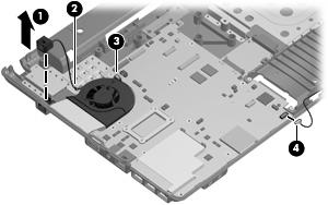 4. Remove the battery (see Battery on page 35). 5. Remove the following components: a. Hard drive (see Hard drive on page 36) b. Optical drive (see Optical drive on page 42) c.