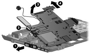 3. Remove the following screws: (1) One Torx T8M2.5 6.0 screw that secures the system board to the base enclosure (2) Three Torx T8M2.5 6.0 screws that secure the battery connector board to the base enclosure (3) Four Torx T8M2.