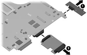 7. If it is necessary to replace the battery connector board (1) and the optical drive connector board (2), remove them from the connectors on the system board.