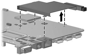 Remove the ExpressCard assembly: 1. Turn the system board upside down, with the USB connectors toward you. 2. Remove the two Phillips PM2.0 8.0 screws (1) and the Phillips PM2.0 4.