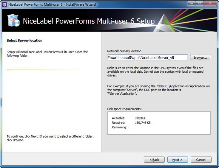Type in the network location where the server part of NiceLabel PowerForms