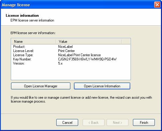 Enterprise Print Manager Licensing page opens and displays the license type used for