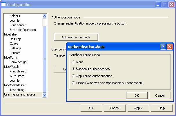 Mixed, using either entities created in Windows and in NiceLabel application. Figure 29: NiceLabel Authentication mode Note: Changed settings need to be saved in the EPM configuration database.