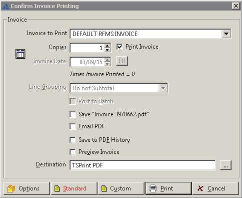 Printing from RFMS: 1. Select an item in RFMS to print and press the Print button. 2. In the dialog box that appears, set the destination to TSPrint Default. 3. Press Print when finished.