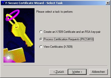 certificate wizard: Please select Process Certification Requests (PKCS#10).