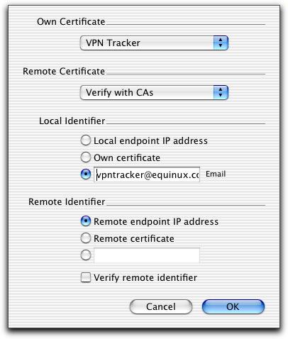 4. Connecting to a F-Secure VPN+ gateway using RSA X.509 certificates Step 3 Choose as own certificate the certificate you imported in step 1 and verify the remote certificate with CAs.