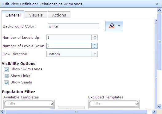 Figure 47. Edit View Definition window defining swim lanes View definition visuals 8. Type white in the Background Color field. 9. Change the Number of Levels Down to 2. 10.