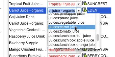 Linking to an existing grocery item To link to an existing item of the main database, click on the arrow of the pull down menu to display the available choice and select an appropriate item.