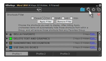 2.6 Filters Filters are useful for quickly hiding all shortcut keys of a certain type.