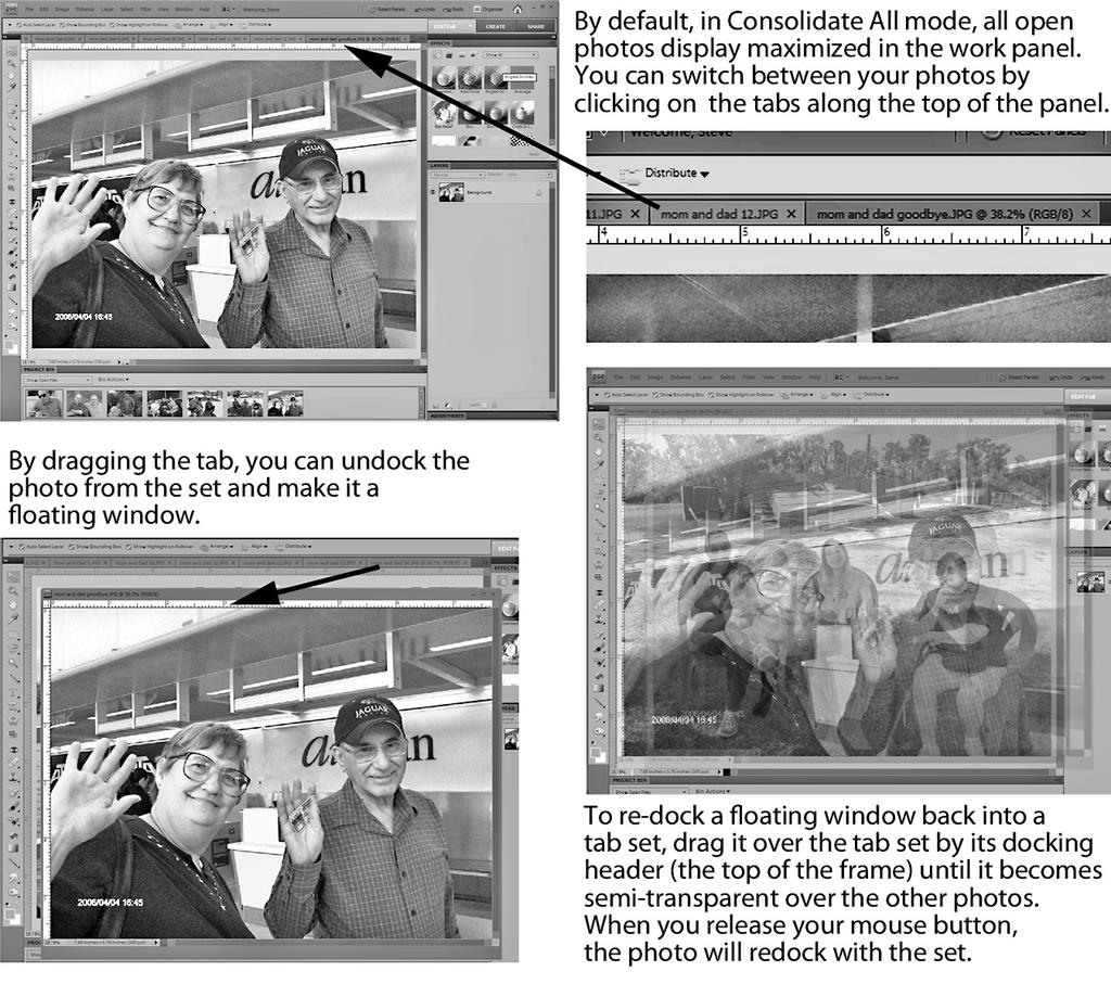 Chapter 2 A Tour of Photoshop Elements 8 The Arrange menu button appears either to the right of the menu bar or directly to the right of the blue pse logo (depending on whether or not you have the