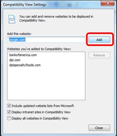 All versions of Internet Explorer should be added to Compatibility View prior to portal use.