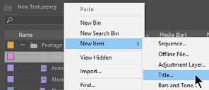3. Right click in the project panel 4. Hover over New Item 5. Select Title 6. Add a Title name, if required 7.