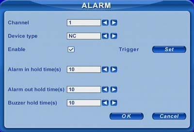 4.2.5 Alarm Configuration Click ALARM to enter alarm configuration as Fig 4.9 Alarm Configuration. Fig 4.9 Alarm Configuration Here users can set sensor type, alarm trigger and alarm time.