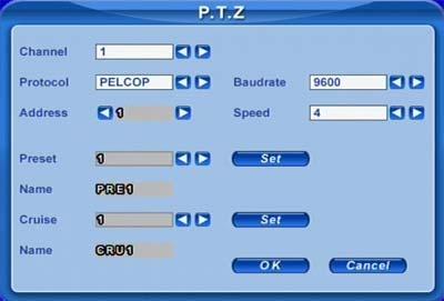 Fig 4.16 PTZ Configuration Here users can set protocol, baud rate, address, presets and auto cruise track here. The following are the definitions of every option.