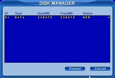 Fig 5.1 Disk Manager STEP2 If a disk has never been formatted, Status will show new. Select hard disks, press Format button to begin.