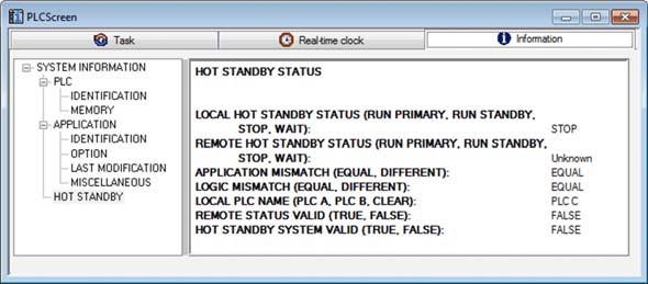 Hot Standby Diagnostics Hot Standby Information Tab Use the CPU Configuration window Animation Information tab to view the status of the Hot Standby system: The Information tab contains one word of