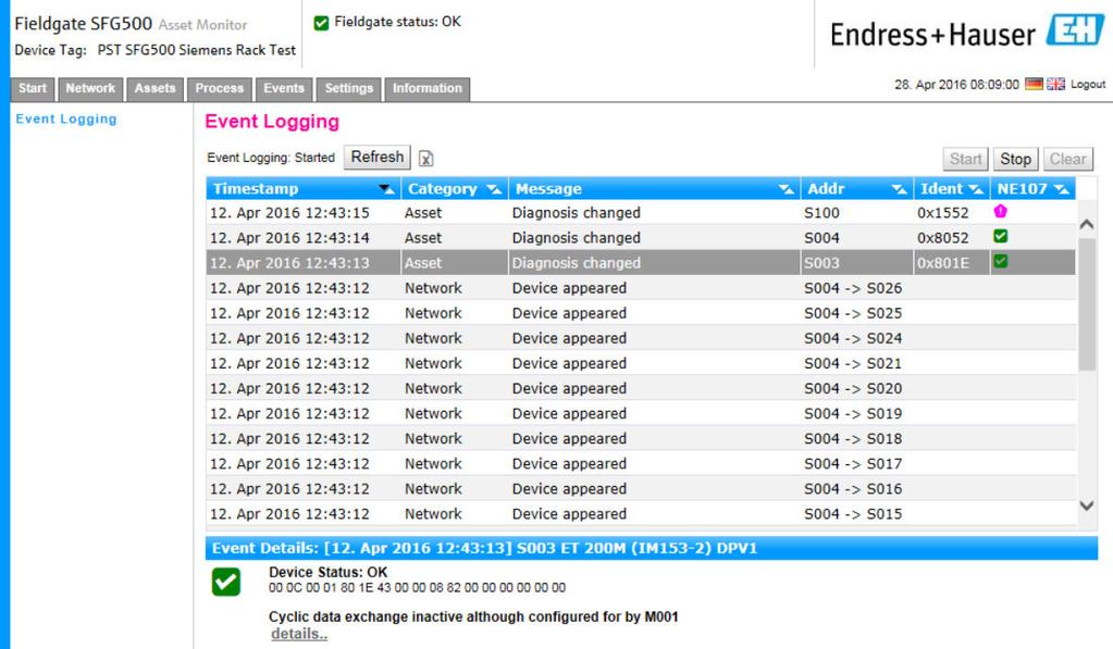 Events Fieldgate SFG500/SFM500 9 Events Event logging keeps a record of all system and device events generated on the bus. Click on the Event tab and then click on Event Logging.