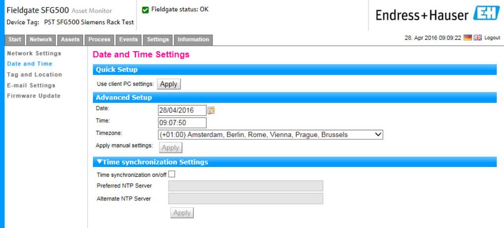 Settings and information Fieldgate SFG500/SFM500 1. Select the Settings tab, then select Date and Time. The Date and Time settings will open. 2.