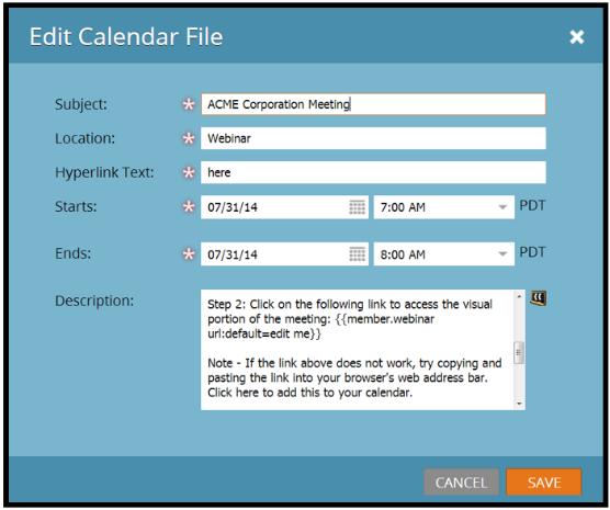 Fill in the Edit Calendar File form and be sure to add the proper date and time so that the file will save to each leads calendar correctly. Also remember to add the {{member.