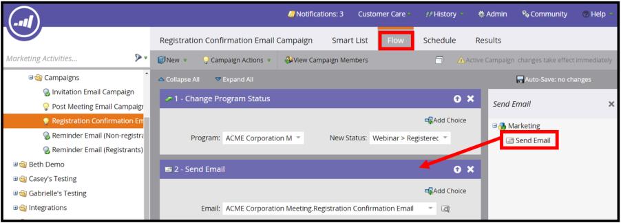 5. The second flow action that needs to be setup is the Send Email action. Select the Send Email option from the right side of the screen and drag it below the Change Status in Progression action.