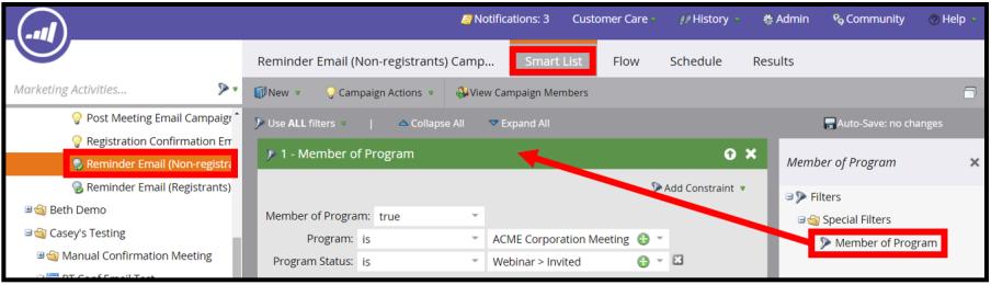 For your Reminder Email to Non-registrants, your Smart List and Flow actions will be almost identical to Reminder Email