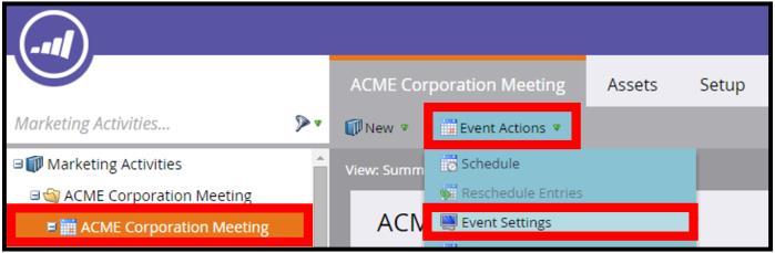 Edit your Event Settings The Event Settings section in Marketo allows you to tie together your ReadyTalk event with your Marketo event. Follow the steps below to tie your two events together. 1.