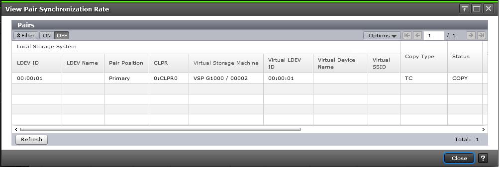 Pairs table Item Local Storage System Copy Type Status Information about volumes in the local storage system. LDEV ID: LDEV identifier. Clicking the link opens the LDEV Properties window.