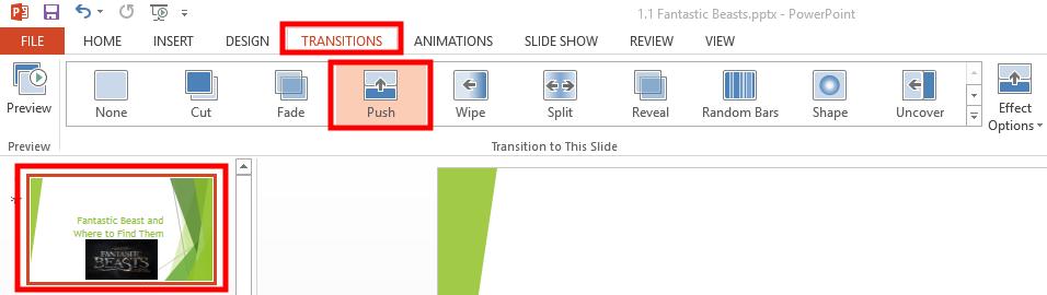 Applying Transitions Transitions are animations between slides 1.