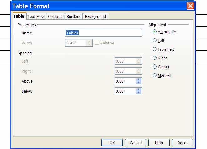 Viewing Table Properties Table Properties is different than Word Click on Table