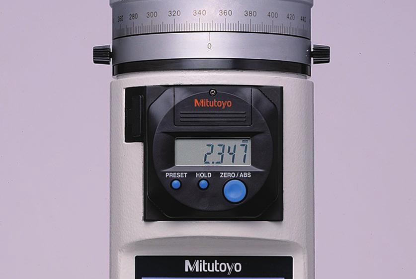 001 mm (.00001") Micrometer adjustment: 20 mm (1") Micrometer feed: 0.5 mm/rev (.025"/rev) Digital models only Display: LCD Battery: SR44 (2 pcs.), 938882 Battery life: Approx. 1.
