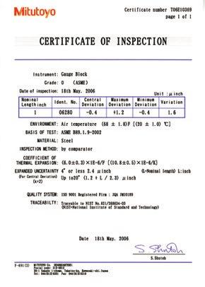 Mitutoyo Gauge Blocks and Inspection Certificates A Certificate of Inspection is furnished with all Mitutoyo gauge blocks with a serial number on the box (in the case of sets) and an identification