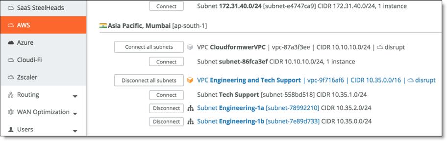 Deploying a HA SteelConnect gateway in AWS AWS Cloud Topologies In SCM, choose Network Design > AWS, select the Import VPCs tab, and click Connect. Figure 7-2.