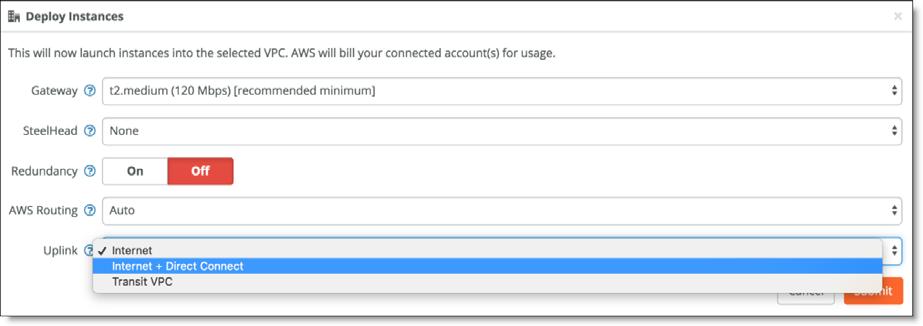 AWS Cloud Topologies Deployment over AWS DirectConnect To deploy AWS Direct Connect Note: The SteelConnect Manager User Guide has detailed steps for Direct Connect configuration. 1.