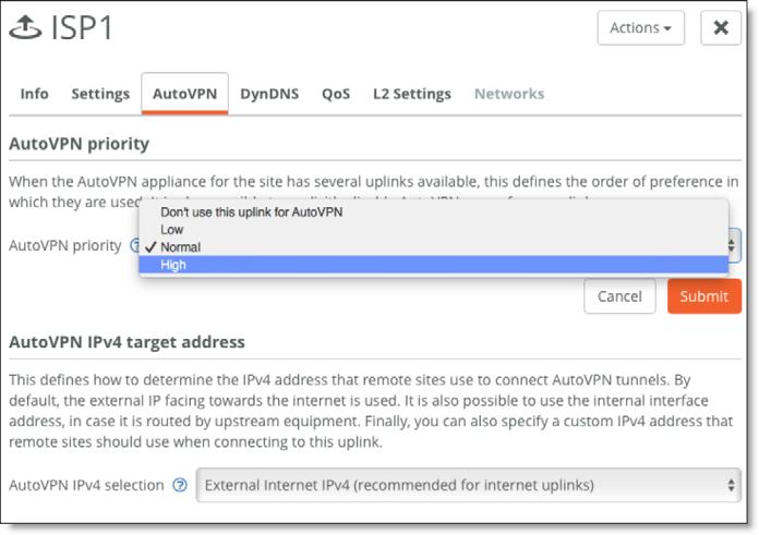Multiple internet connections WAN Topologies You can set an AutoVPN priority for uplinks connected to the same WAN that determines the order in which they are used.