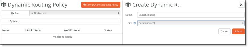 WAN Topologies Secondary 3G/4G uplink To configure a routing policy 1. Choose Routing > Policy and create a new dynamic routing policy. Figure 5-28. Creating a dynamic routing policy 2.