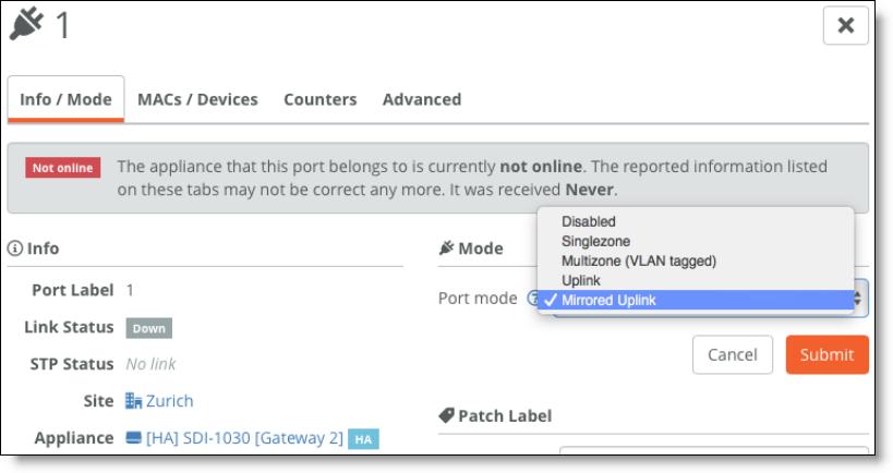 WAN Topologies WAN high availability 3. In the Info/Mode tab on the port details page, select Mirrored Uplink from the Port Mode drop-down menu. Figure 5-43. Mirrored uplinks 4. Click Submit. 5. Repeat these steps for the other port.