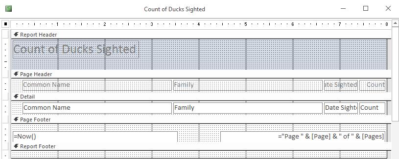 For the Title of the report, type Count of Ducks Sighted, then click on the radio button next to Modify the report s design You need to select this option to modify the report s design since, as you