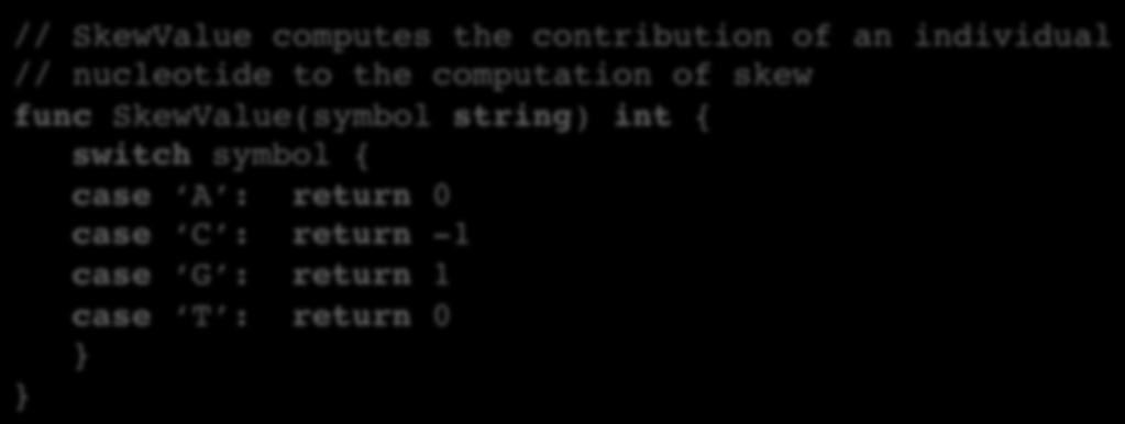 Switch Statement with the Skew Array 2 skew 1 0 1 2 0 5 10 15 20 C ATGGGCATCGGCCATACGCC // SkewValue computes the contribution of an individual //