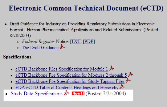 Regulatory Landscape (FDA) July 2004 FDA adds Study Data Specifications v1.