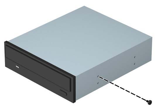 7. If you are installing an optical drive, install one black M3 metric mounting screw in the front upper screw hole on the right side of the drive.