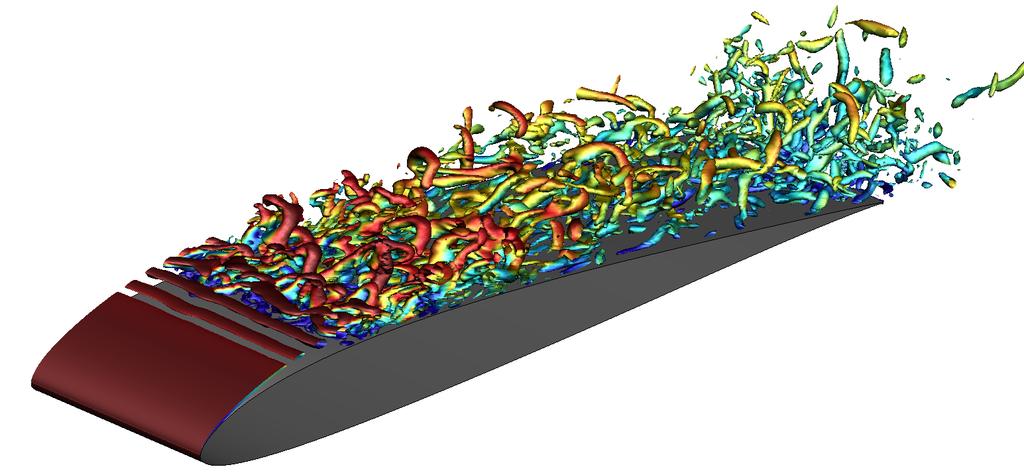 Figure 4: Instantaneous flowfield structure showing Q-criterion iso-surfaces of 500 for α = 8 The spatial filtering technique employed in the ILES allows for a free-constant, 0.3 α f < 0.