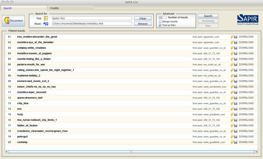 Fig.2. Screenshot of the user interface for the music and text peer 4.