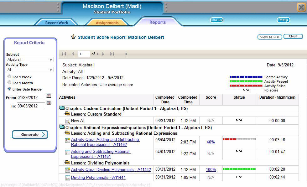 Student Score Report You can print this report from the PDF view. 1. Select a subject. 2.