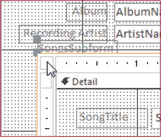 Add the subform onto the main form. a. Open the SongListingsOnAlbumsByArtist form in Design view. b.